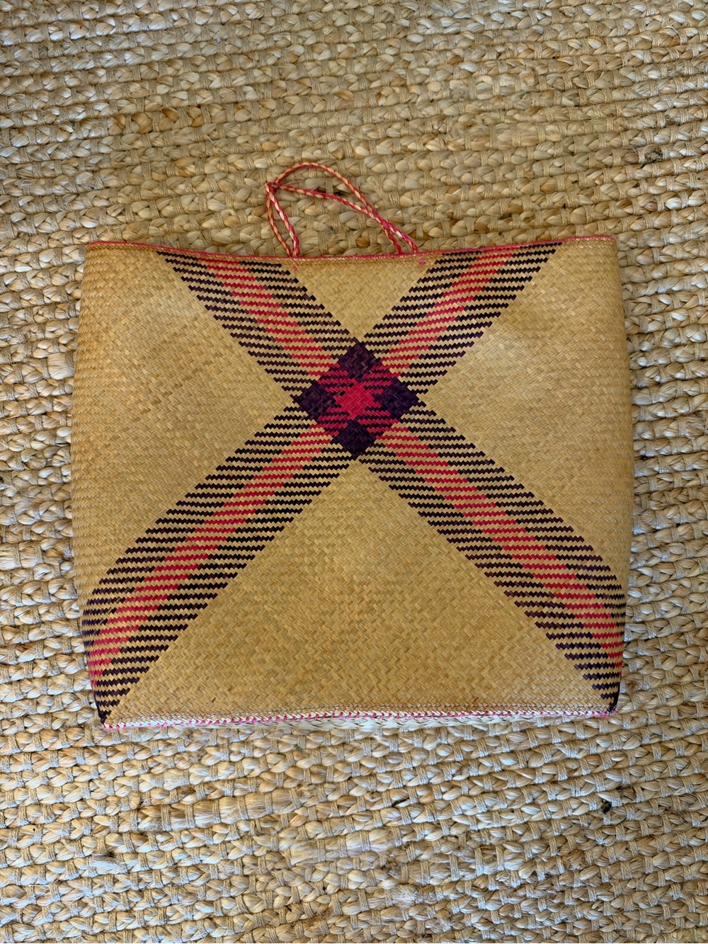 Woven Natural Straw Clutch with Pink & Black Accent